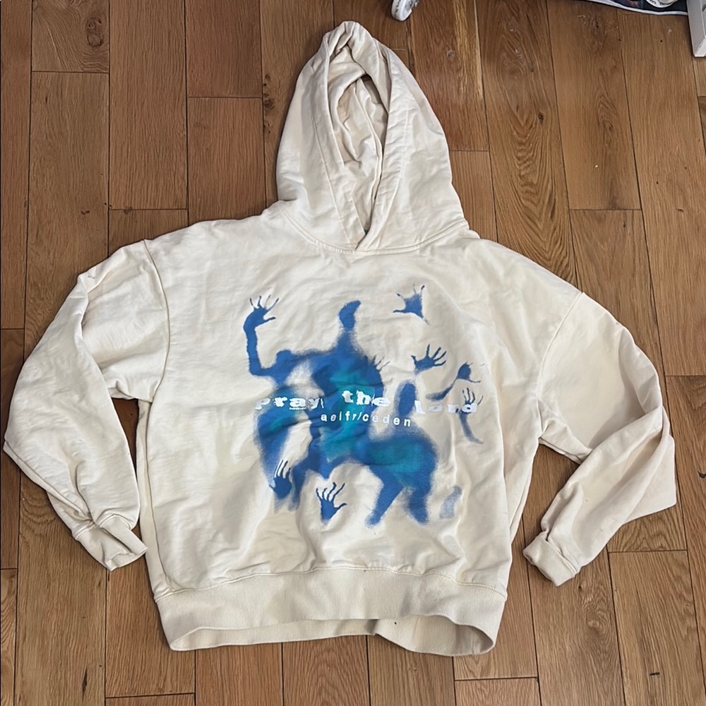 Cream Hoodie with Blue Graphic